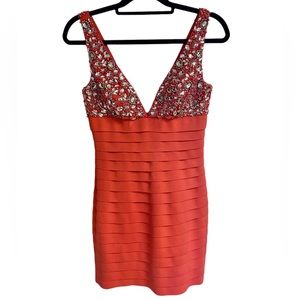 Sherri Hill Coral Rhinestone Embellished Bandage Mini Dress (Size 4)